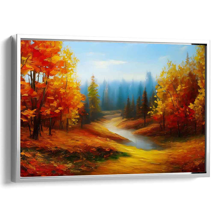 Ember Flow Serenity: A Tranquil River Through Fiery Foliage Canvas Art Print