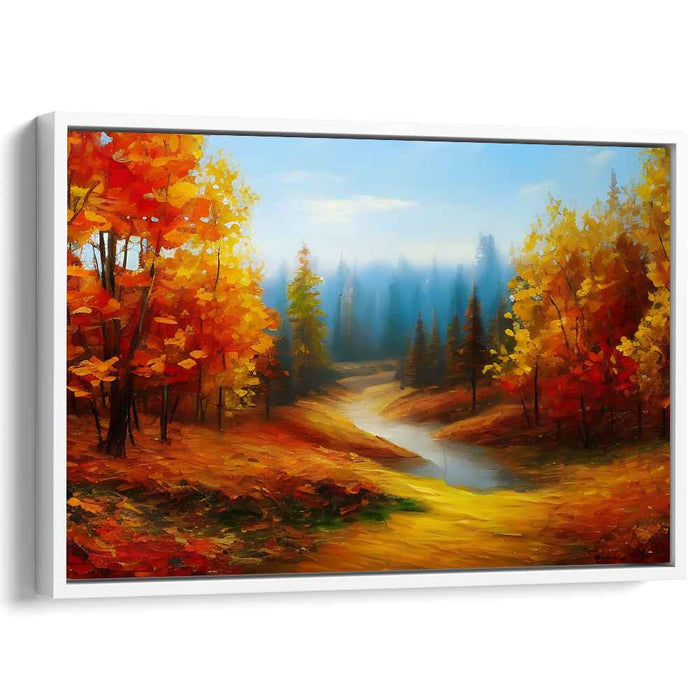 Ember Flow Serenity: A Tranquil River Through Fiery Foliage Canvas Art Print