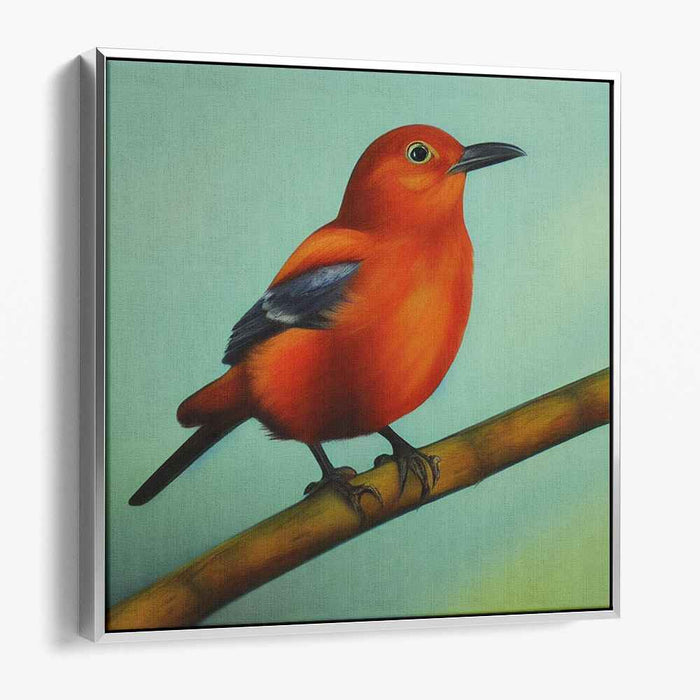 Citrus Wings Resting Grace: Vibrant Orange Bird on Serene Branch Canvas Art