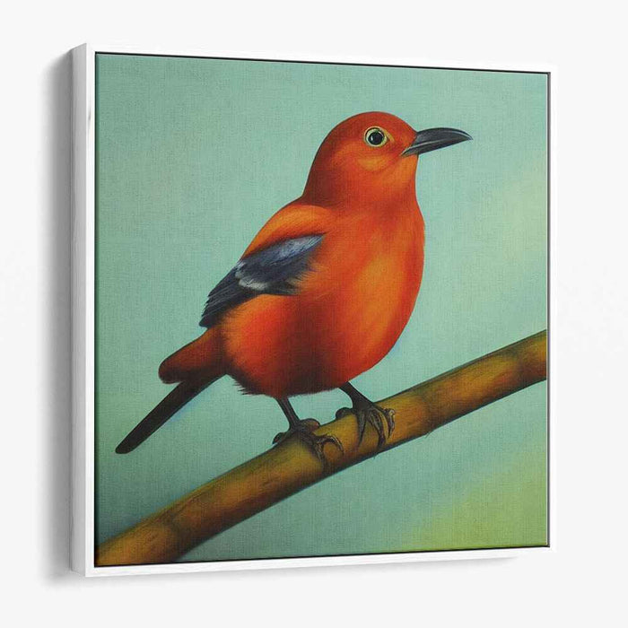 Citrus Wings Resting Grace: Vibrant Orange Bird on Serene Branch Canvas Art