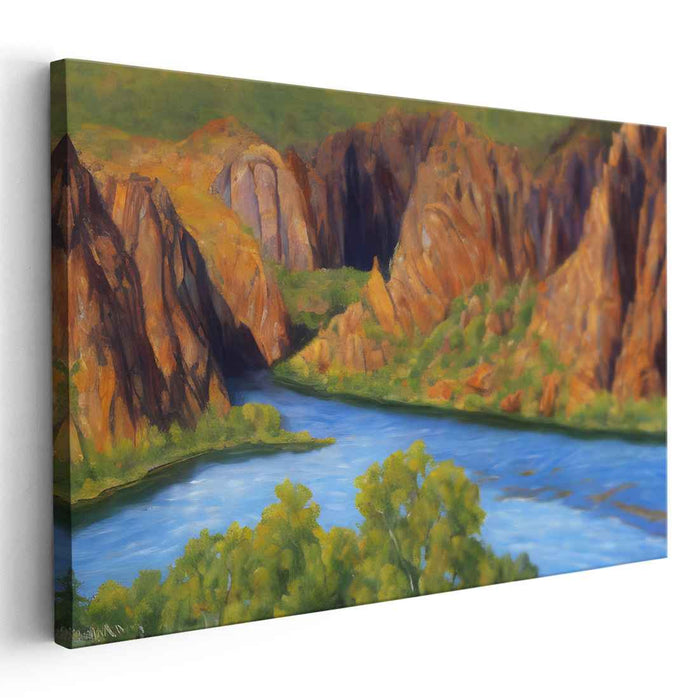 Misty Echoes on Granite Shores: Serene River and Rugged Cliffs Landscape Painting