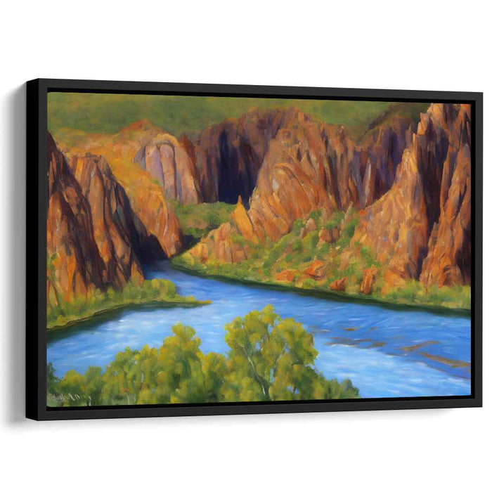 Misty Echoes on Granite Shores: Serene River and Rugged Cliffs Landscape Painting