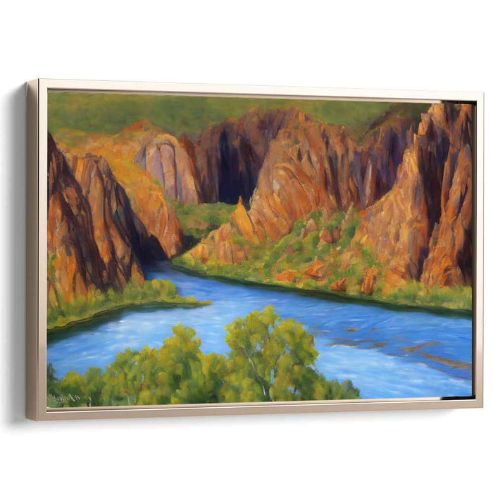 Misty Echoes on Granite Shores: Serene River and Rugged Cliffs Landscape Painting