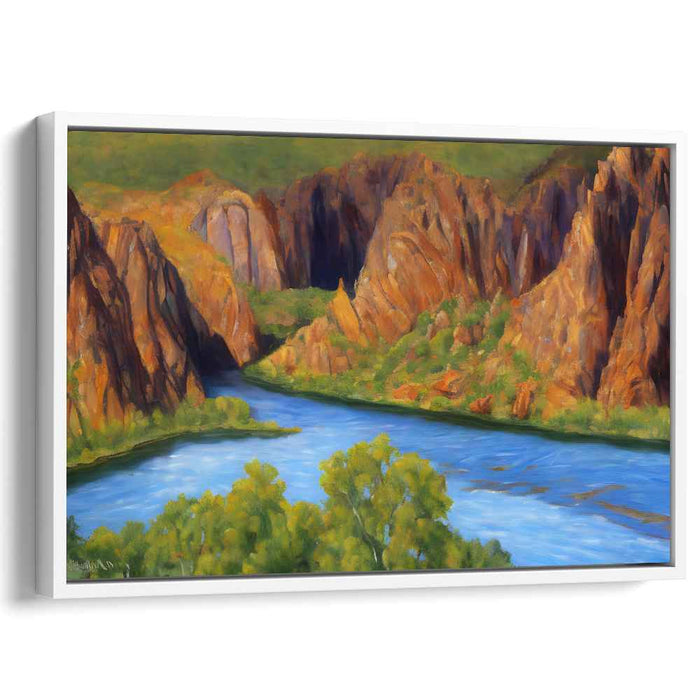 Misty Echoes on Granite Shores: Serene River and Rugged Cliffs Landscape Painting