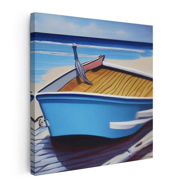 Coastal Solitude: Realistic Blue Boat on Sandy Beach Canvas Art