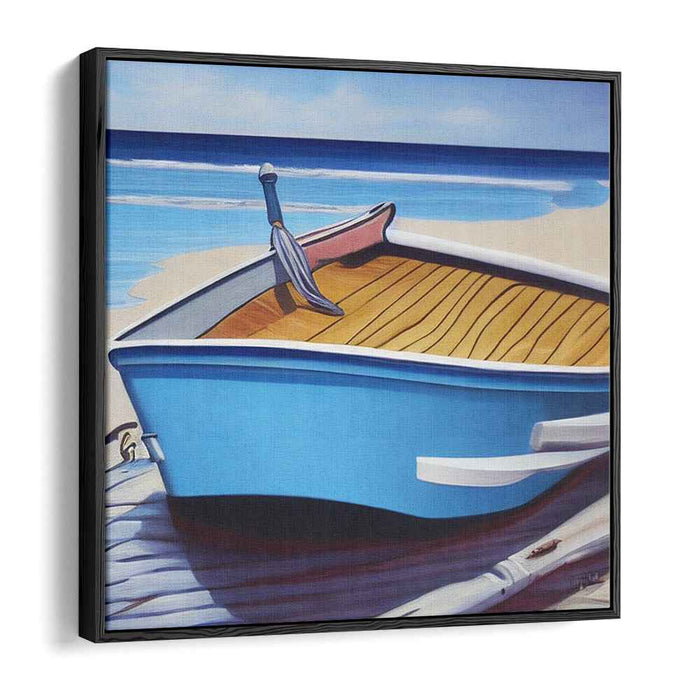 Coastal Solitude: Realistic Blue Boat on Sandy Beach Canvas Art