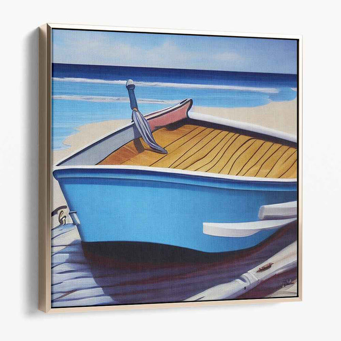 Coastal Solitude: Realistic Blue Boat on Sandy Beach Canvas Art