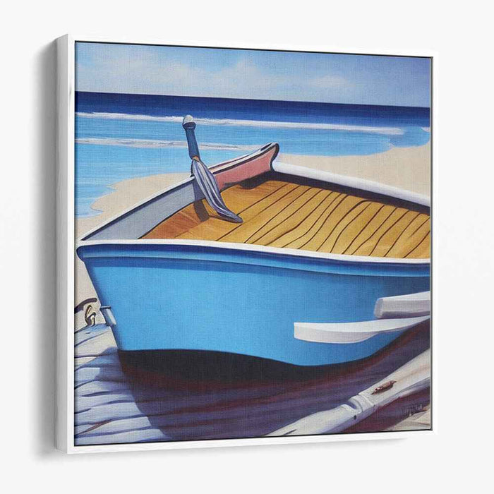 Coastal Solitude: Realistic Blue Boat on Sandy Beach Canvas Art