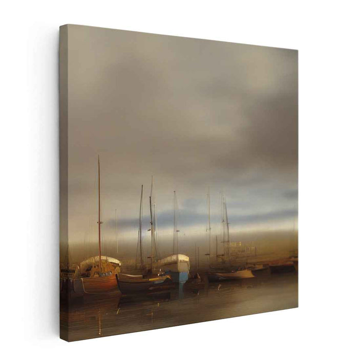 Misty Marina Morning: Tranquil Sailboat Impressionist Canvas Art