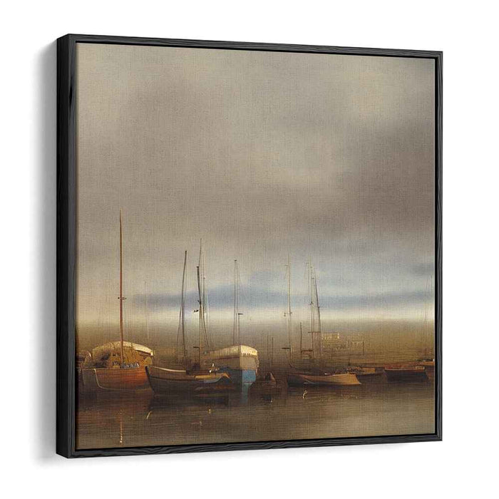 Misty Marina Morning: Tranquil Sailboat Impressionist Canvas Art