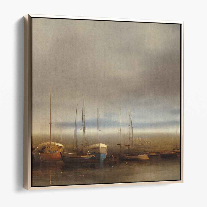 Misty Marina Morning: Tranquil Sailboat Impressionist Canvas Art