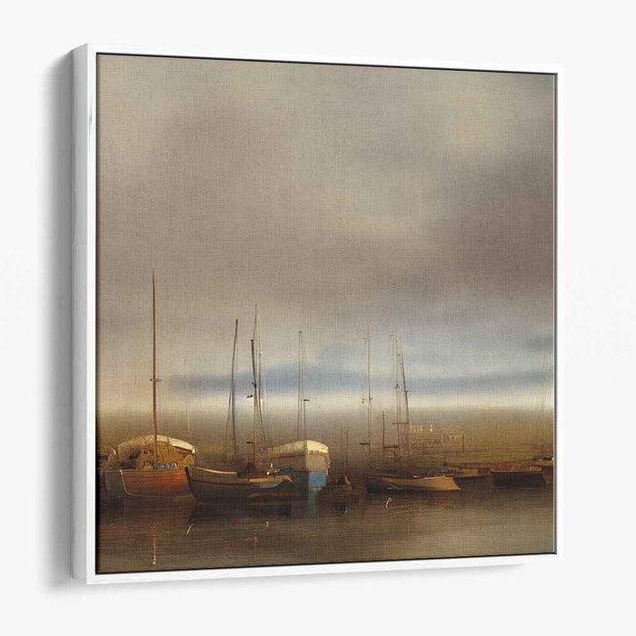 Misty Marina Morning: Tranquil Sailboat Impressionist Canvas Art