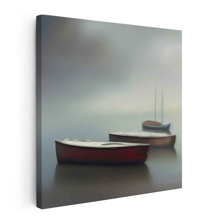 Misty Harbor: Serene Boat Trio on Tranquil Waters Canvas Art