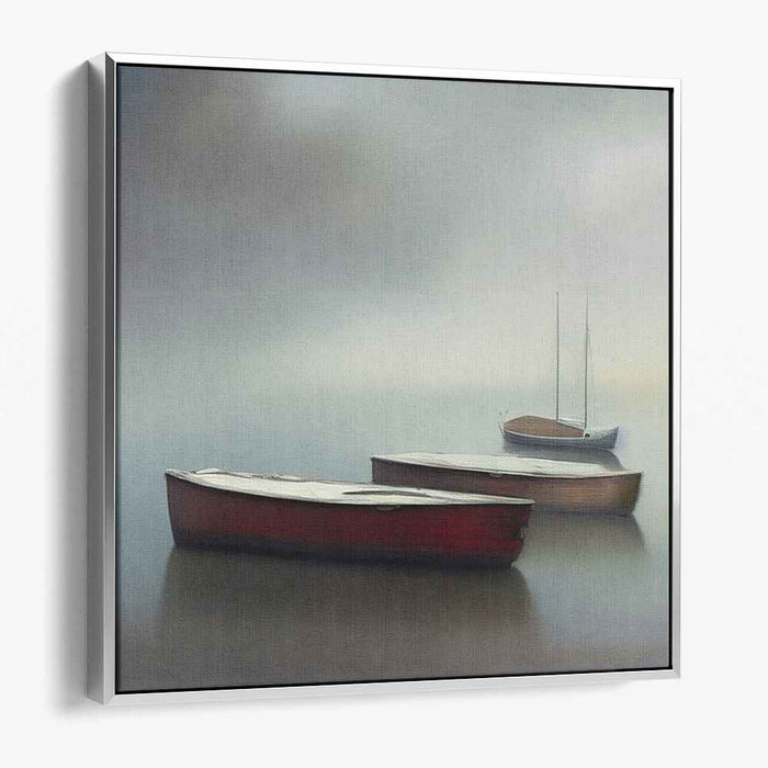 Misty Harbor: Serene Boat Trio on Tranquil Waters Canvas Art