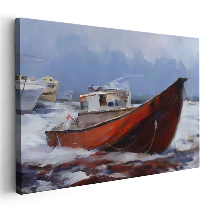 Lost Horizon Voyage: Red Boat in Misty Waters Canvas Art Print
