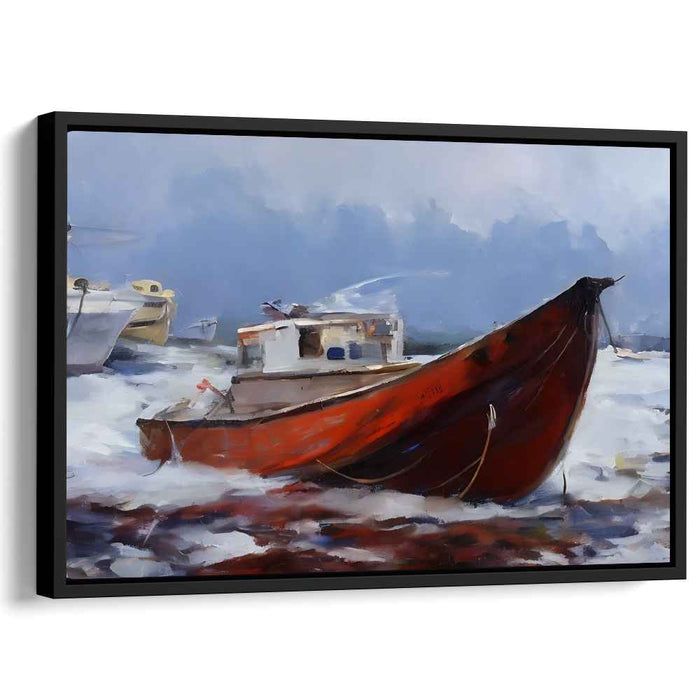 Lost Horizon Voyage: Red Boat in Misty Waters Canvas Art Print