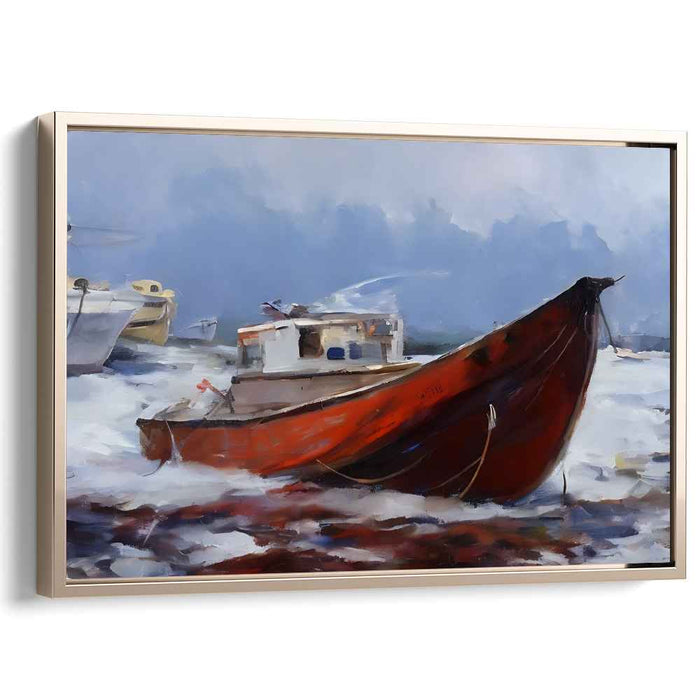 Lost Horizon Voyage: Red Boat in Misty Waters Canvas Art Print