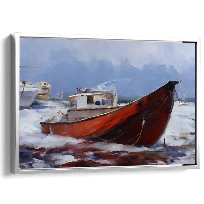 Lost Horizon Voyage: Red Boat in Misty Waters Canvas Art Print