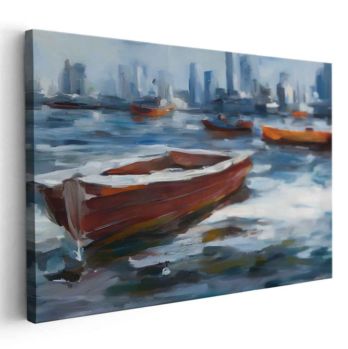 Urban Floating CommuniquÃ©: Impressionist Cityscape with Floating Red Boats Canvas Art Print