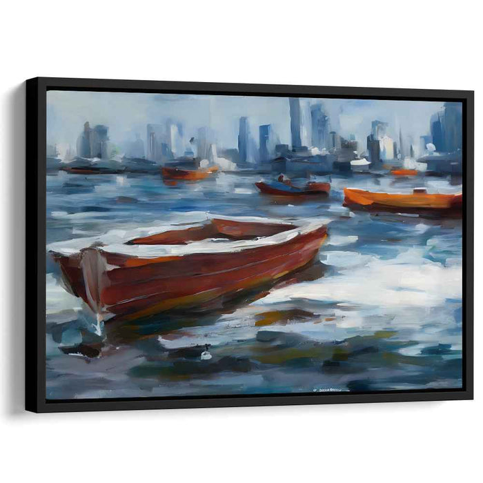 Urban Floating CommuniquÃ©: Impressionist Cityscape with Floating Red Boats Canvas Art Print