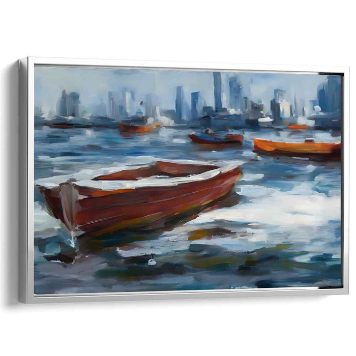 Urban Floating CommuniquÃ©: Impressionist Cityscape with Floating Red Boats Canvas Art Print