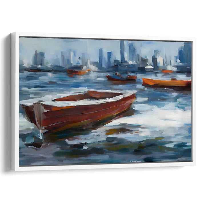 Urban Floating CommuniquÃ©: Impressionist Cityscape with Floating Red Boats Canvas Art Print