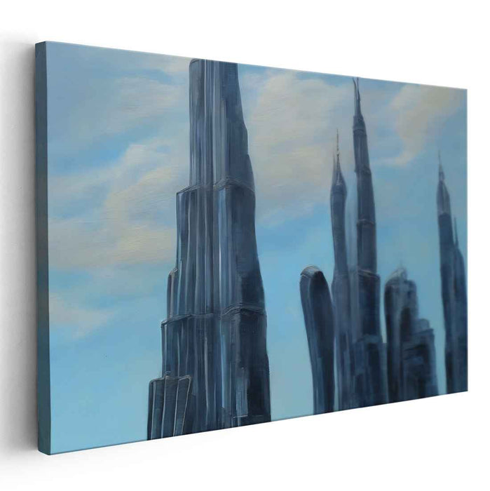 Azure Heights Dance Shadows: Majestic Blue Towering Skyscrapers Canvas Art Print