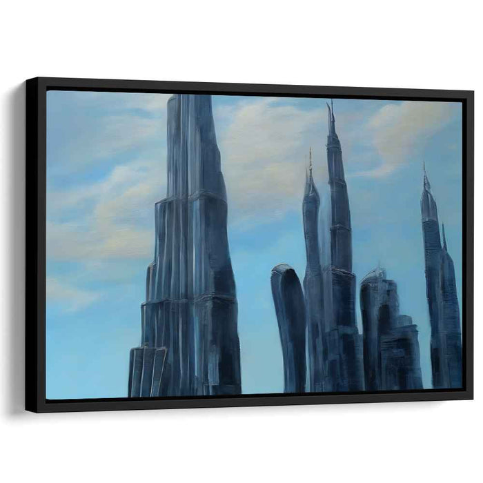 Azure Heights Dance Shadows: Majestic Blue Towering Skyscrapers Canvas Art Print