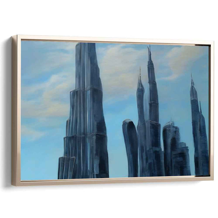 Azure Heights Dance Shadows: Majestic Blue Towering Skyscrapers Canvas Art Print