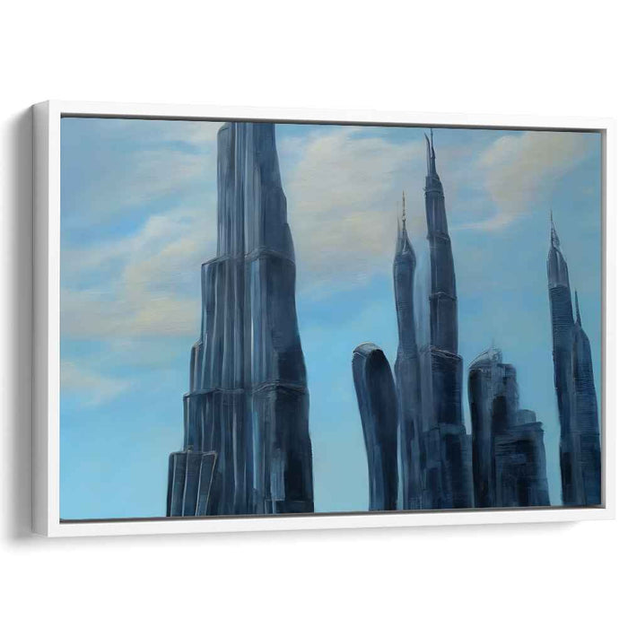 Azure Heights Dance Shadows: Majestic Blue Towering Skyscrapers Canvas Art Print
