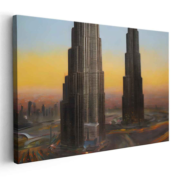 Urban Twilight Hues: Sunset Over Skyscrapers Canvas Art Print