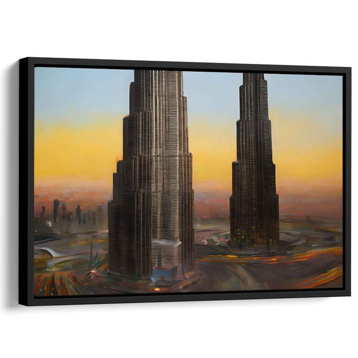 Urban Twilight Hues: Sunset Over Skyscrapers Canvas Art Print
