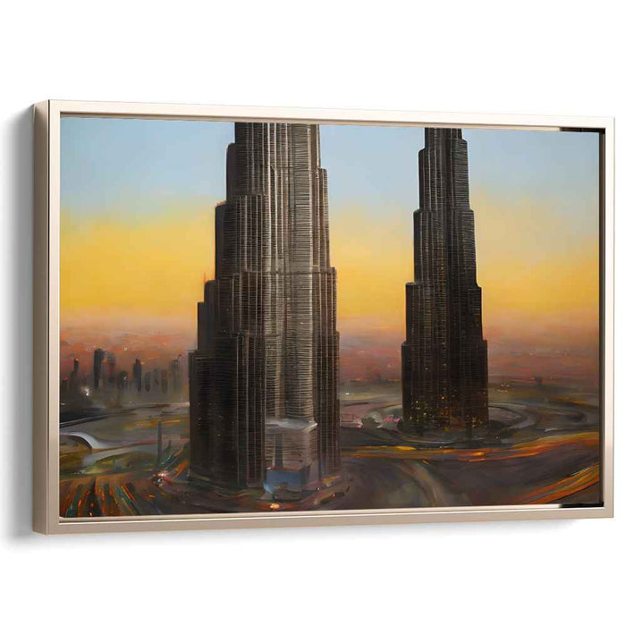 Urban Twilight Hues: Sunset Over Skyscrapers Canvas Art Print
