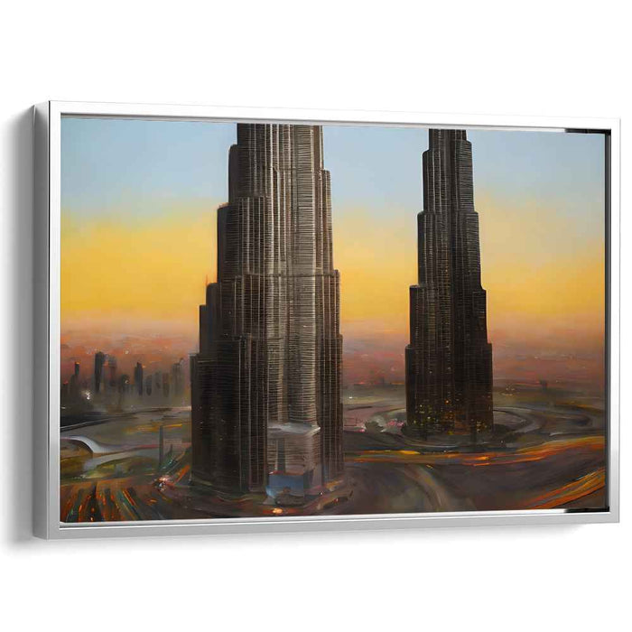 Urban Twilight Hues: Sunset Over Skyscrapers Canvas Art Print
