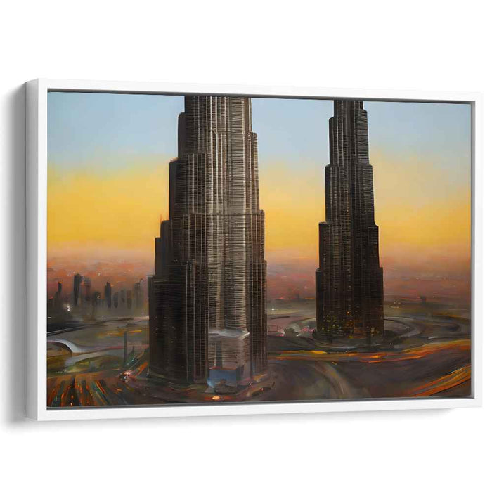 Urban Twilight Hues: Sunset Over Skyscrapers Canvas Art Print