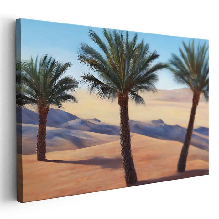 Sunset Oasis Mirage: Realistic Palm Trees Against Golden Sand Dunes Canvas Art Print