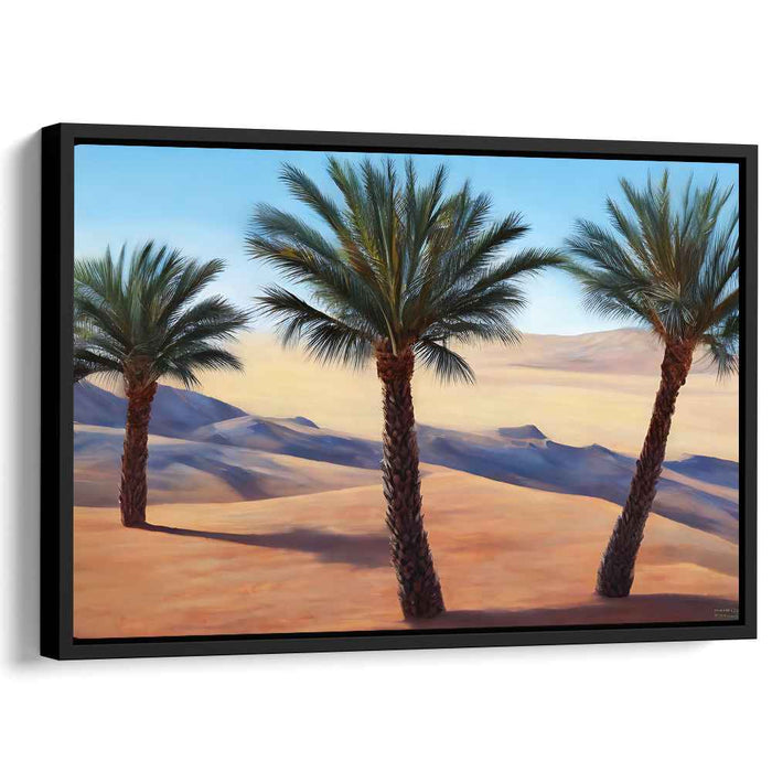 Sunset Oasis Mirage: Realistic Palm Trees Against Golden Sand Dunes Canvas Art Print