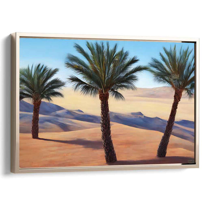 Sunset Oasis Mirage: Realistic Palm Trees Against Golden Sand Dunes Canvas Art Print