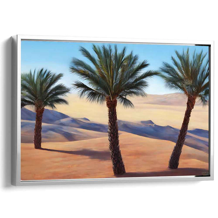 Sunset Oasis Mirage: Realistic Palm Trees Against Golden Sand Dunes Canvas Art Print