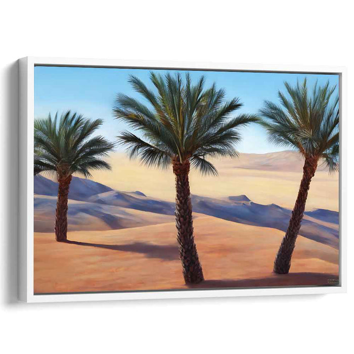 Sunset Oasis Mirage: Realistic Palm Trees Against Golden Sand Dunes Canvas Art Print