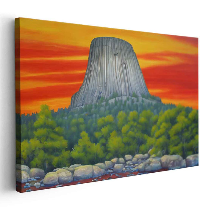 Fiery Sunset at Devil's Tower: Dramatic Landscape Canvas Art