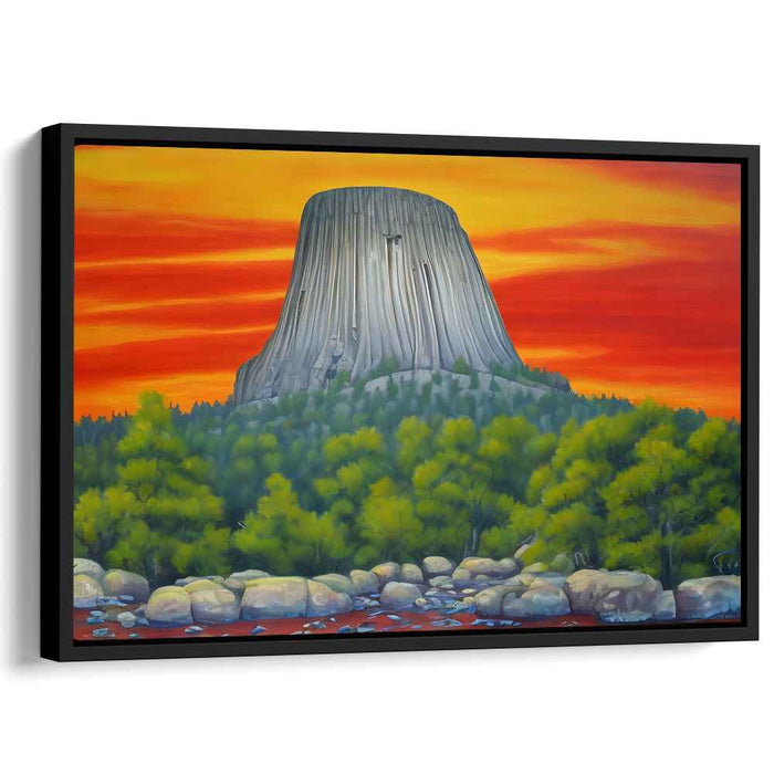 Fiery Sunset at Devil's Tower: Dramatic Landscape Canvas Art