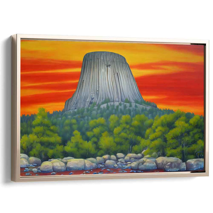 Fiery Sunset at Devil's Tower: Dramatic Landscape Canvas Art