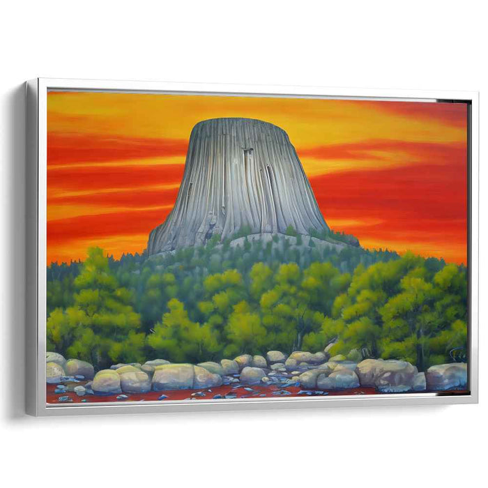 Fiery Sunset at Devil's Tower: Dramatic Landscape Canvas Art
