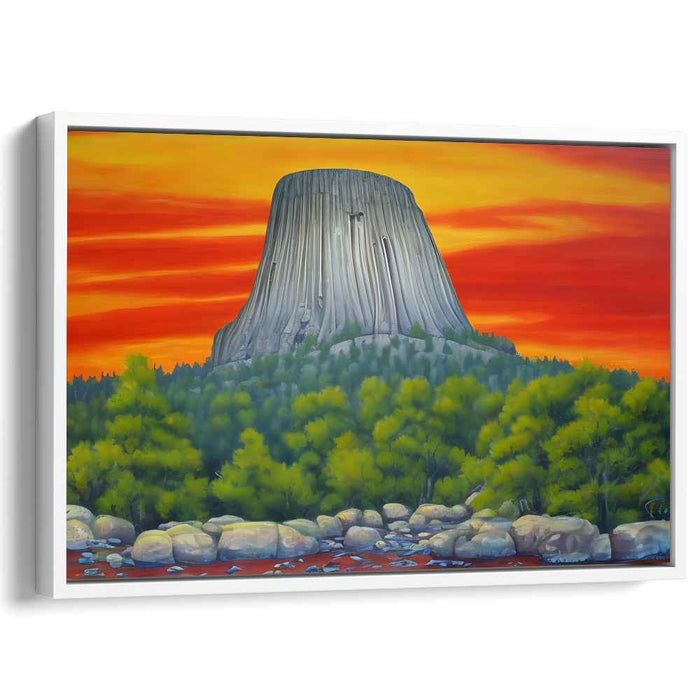 Fiery Sunset at Devil's Tower: Dramatic Landscape Canvas Art