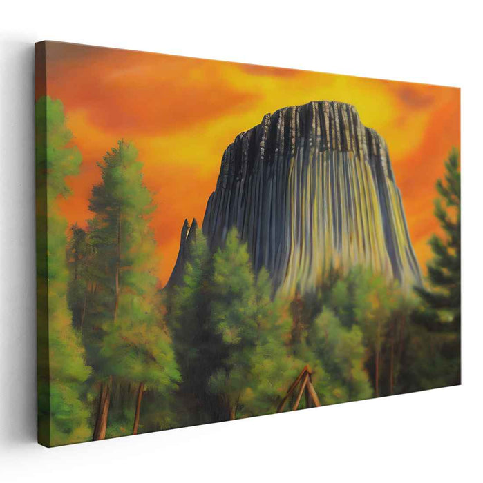 Inferno Peaks Symphony: Dramatic Mountain Landscape with Fiery Sky Canvas Art Print