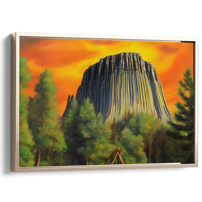 Inferno Peaks Symphony: Dramatic Mountain Landscape with Fiery Sky Canvas Art Print