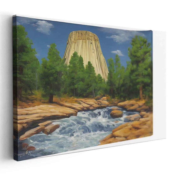 Echoes of the Towering Pines: Realistic Landscape of Devils Tower with Lush Pines and Cascading Stream
