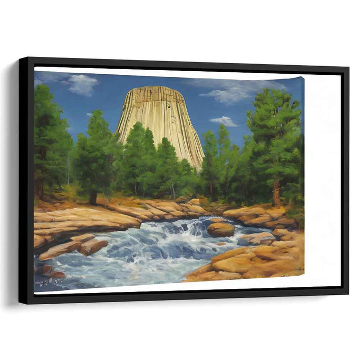Echoes of the Towering Pines: Realistic Landscape of Devils Tower with Lush Pines and Cascading Stream