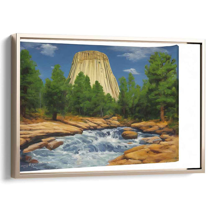 Echoes of the Towering Pines: Realistic Landscape of Devils Tower with Lush Pines and Cascading Stream